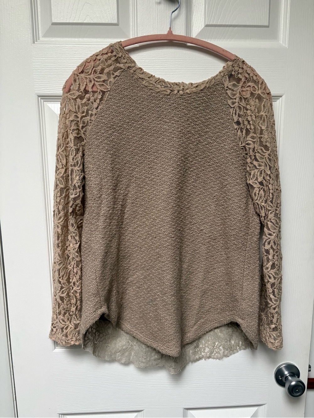 Anthropologie Lace-Sleeve Knit Top - Beige Taupe